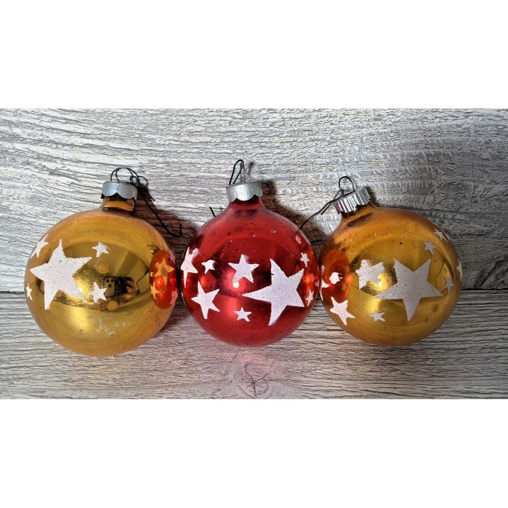 3 Vtg 1940's Shiny Brite Ornaments Red & 2 Gold Stenciled Stars 2.25" Diameter